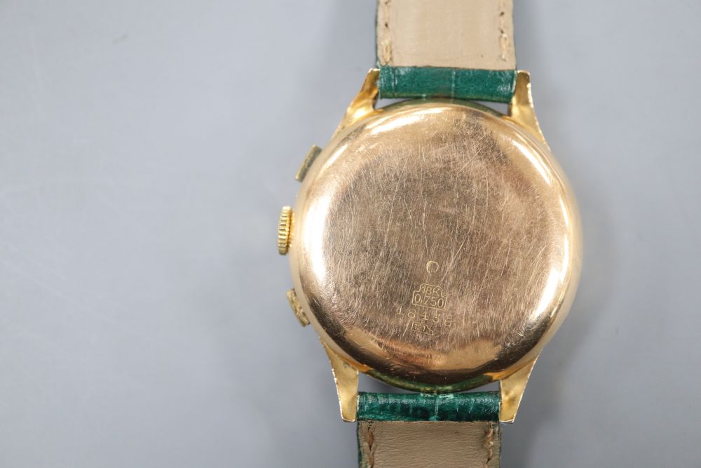 A gentlemans 1950s? 18k Norina chronograph manual wind wrist watch, on later strap.